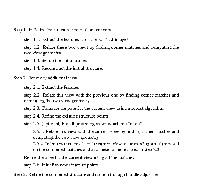 \begin{table}\framebox{\rule[-7cm]{0cm}{14cm}\parbox{15cm}
{\vspace{1cm}
\parbox...
...d motion through bundle adjustment.
\end{itemize}}}
\vspace{1cm}}\par\end{table}