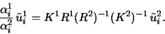 \begin{displaymath}
\frac{\alpha_i^1}{\alpha_i^2} \, \tilde{u}_i^1 = K^1R^1(R^2)^{-1}(K^2)^{-1} \, \tilde{u}_i^2. \\
\end{displaymath}