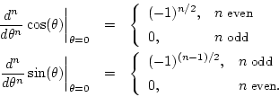 \begin{eqnarray*}
\left.\frac{d^n}{d\theta^n}\cos(\theta)\right\vert _{\theta=0}...
...} \\ [5pt]
0, & n\;\mbox{\small even}. \\
\end{array} \right.
\end{eqnarray*}