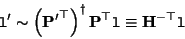 \begin{displaymath}
{\tt l}' \sim \left({\bf P'}^\top\right)^\dagger {\bf P}^\top {\tt l} \equiv {\bf H}^{-\top} {\tt l}
\end{displaymath}
